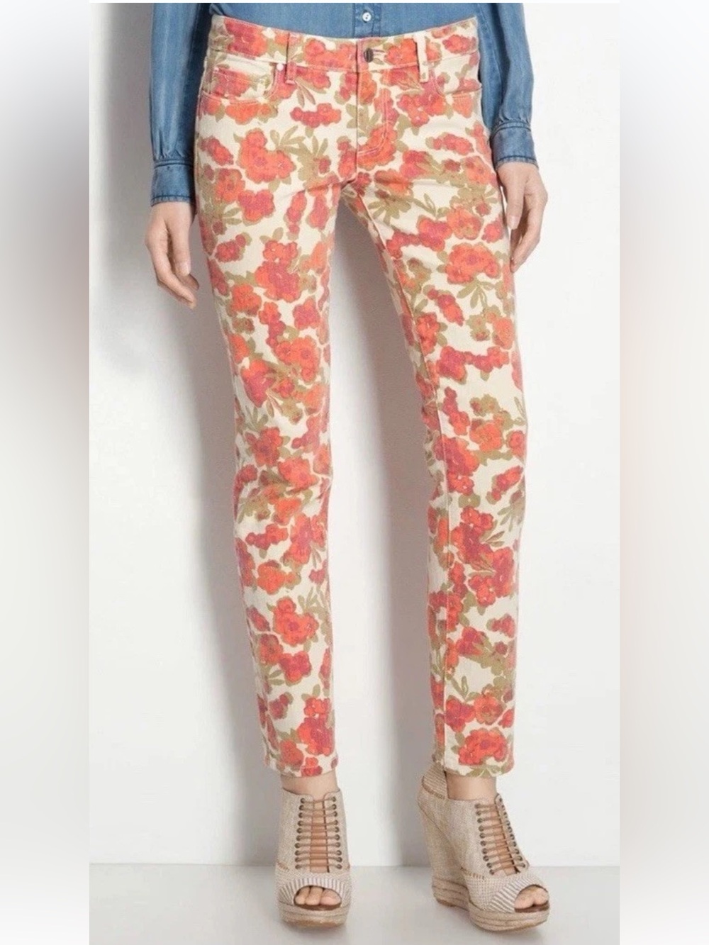 PAIGE | Women’s Cream/Orange Floral Print Skyline Ankle Peg Skinny Jeans Size 24